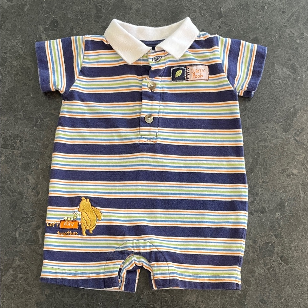 Disney Classic Pooh Striped Romper - Blue, Green, Orange